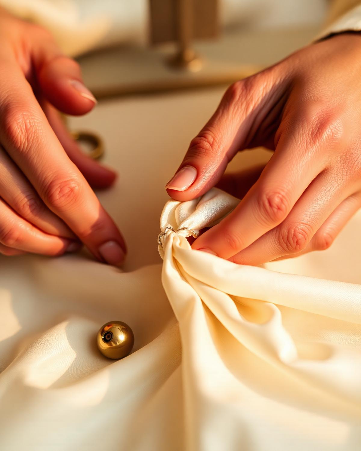 A tailor's hands stitching ivory silk