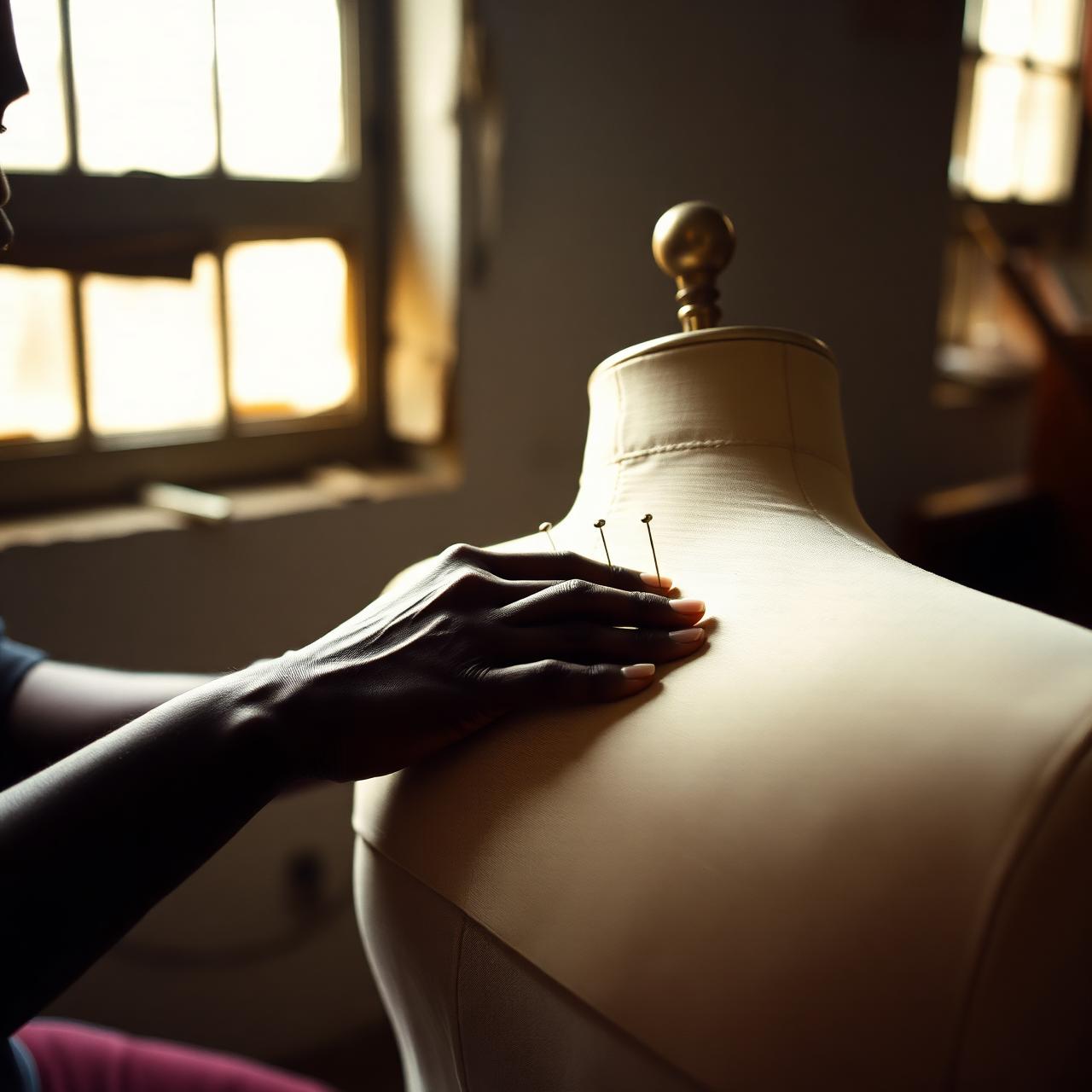 Tailor's hands pinning fabric on a dress form in a sunlit Lagos atelier